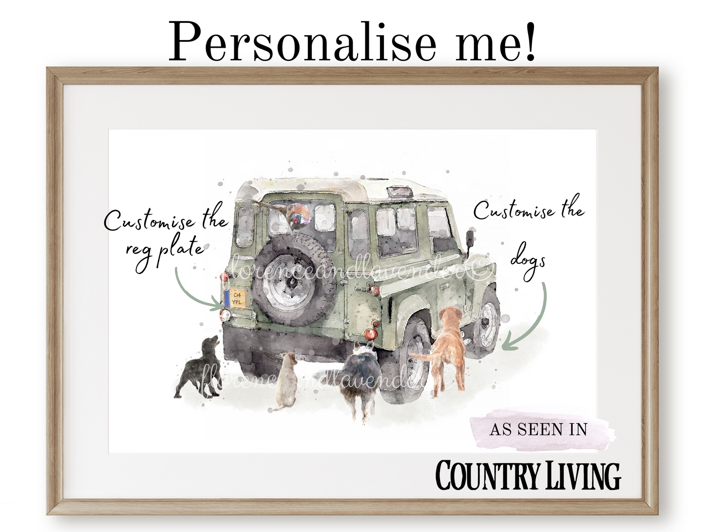 Personalised - Defender & Dog print - Florence & Lavender