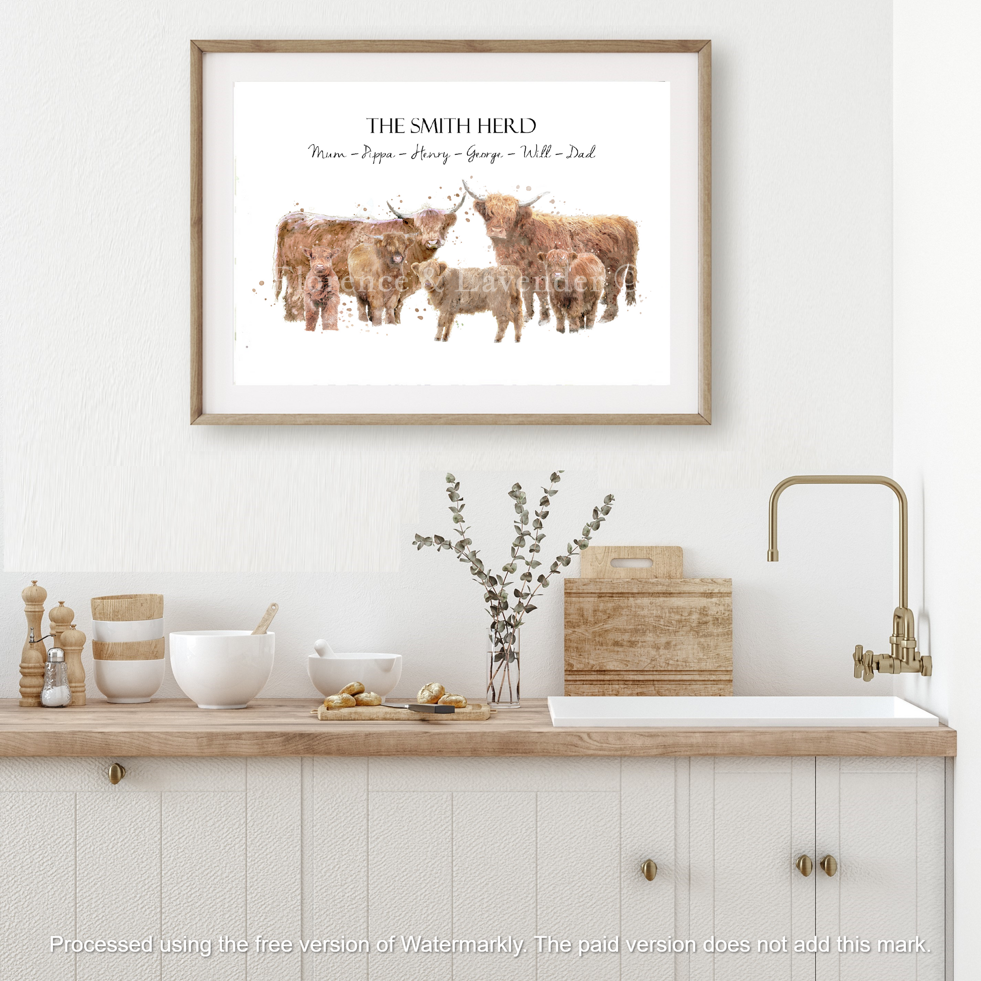Personalised Highland Cow Family Print - Florence & Lavender