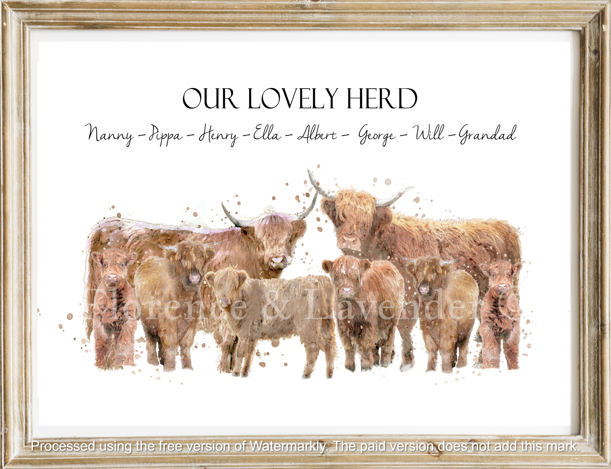 Personalised Highland Cow Family Print - Florence & Lavender