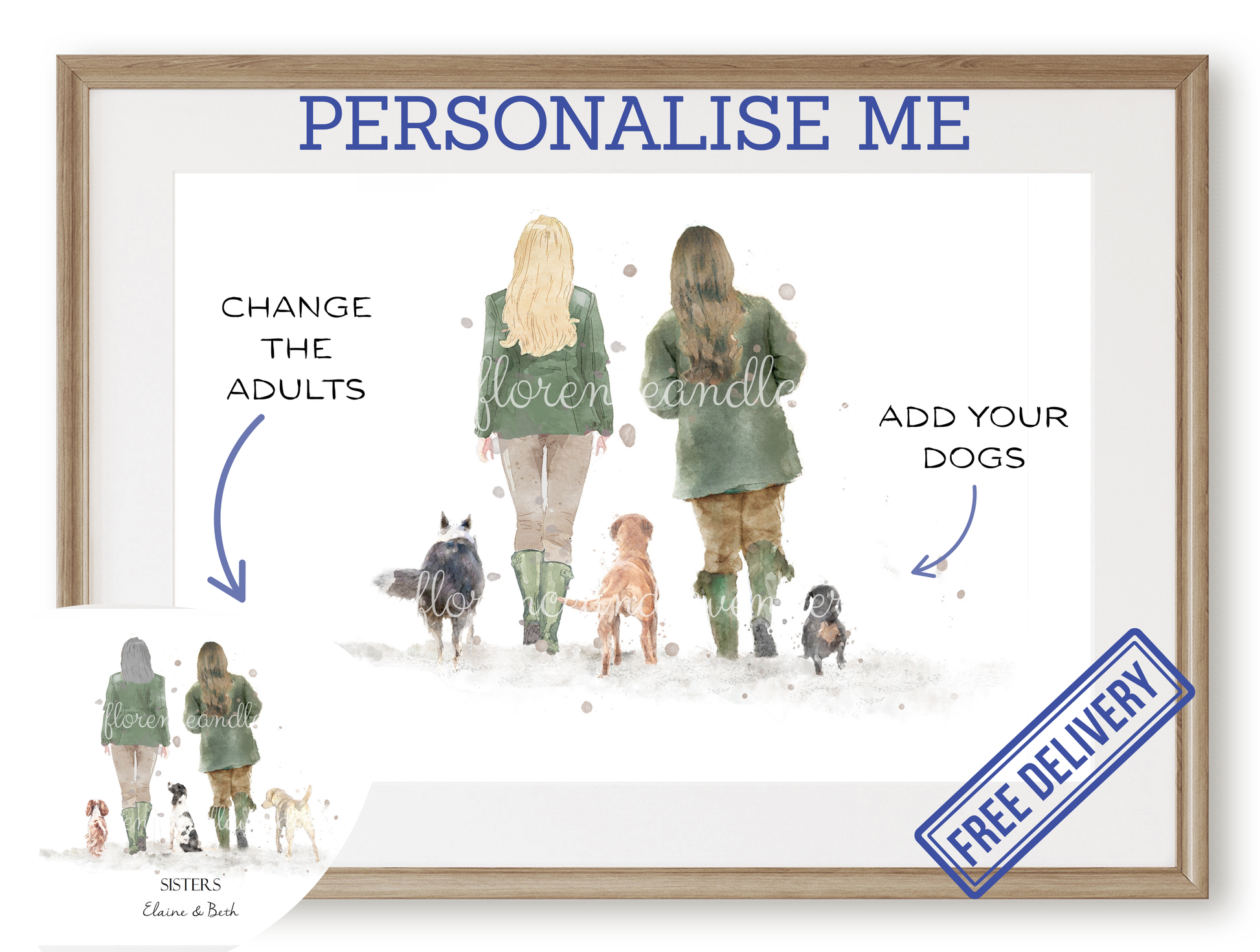Personalised 'Soul Mates' - Couple & Dog Print - TWO FEMALES Version - Florence & Lavender