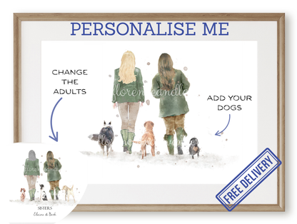 Personalised 'Soul Mates' - Couple & Dog Print - TWO FEMALES Version - Florence & Lavender