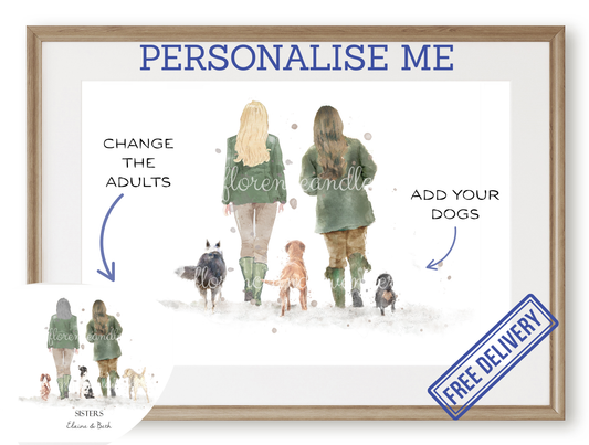 Personalised 'Soul Mates' - Couple & Dog Print - TWO FEMALES Version - Florence & Lavender