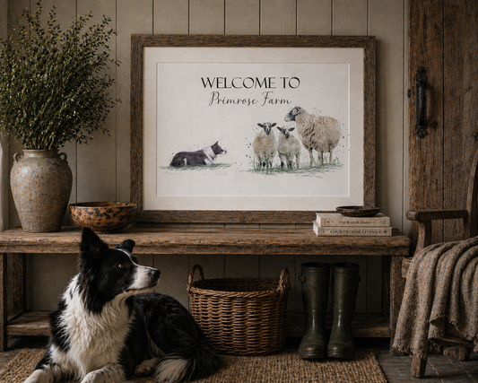 Personalised Swaledale Sheep & Border Collie Print - Florence & Lavender