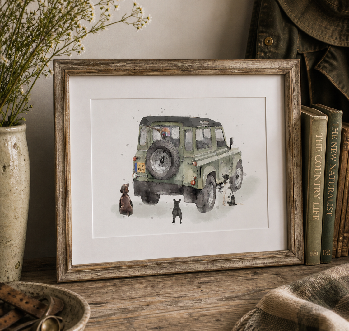 Personalised - Defender & Dog print - Florence & Lavender