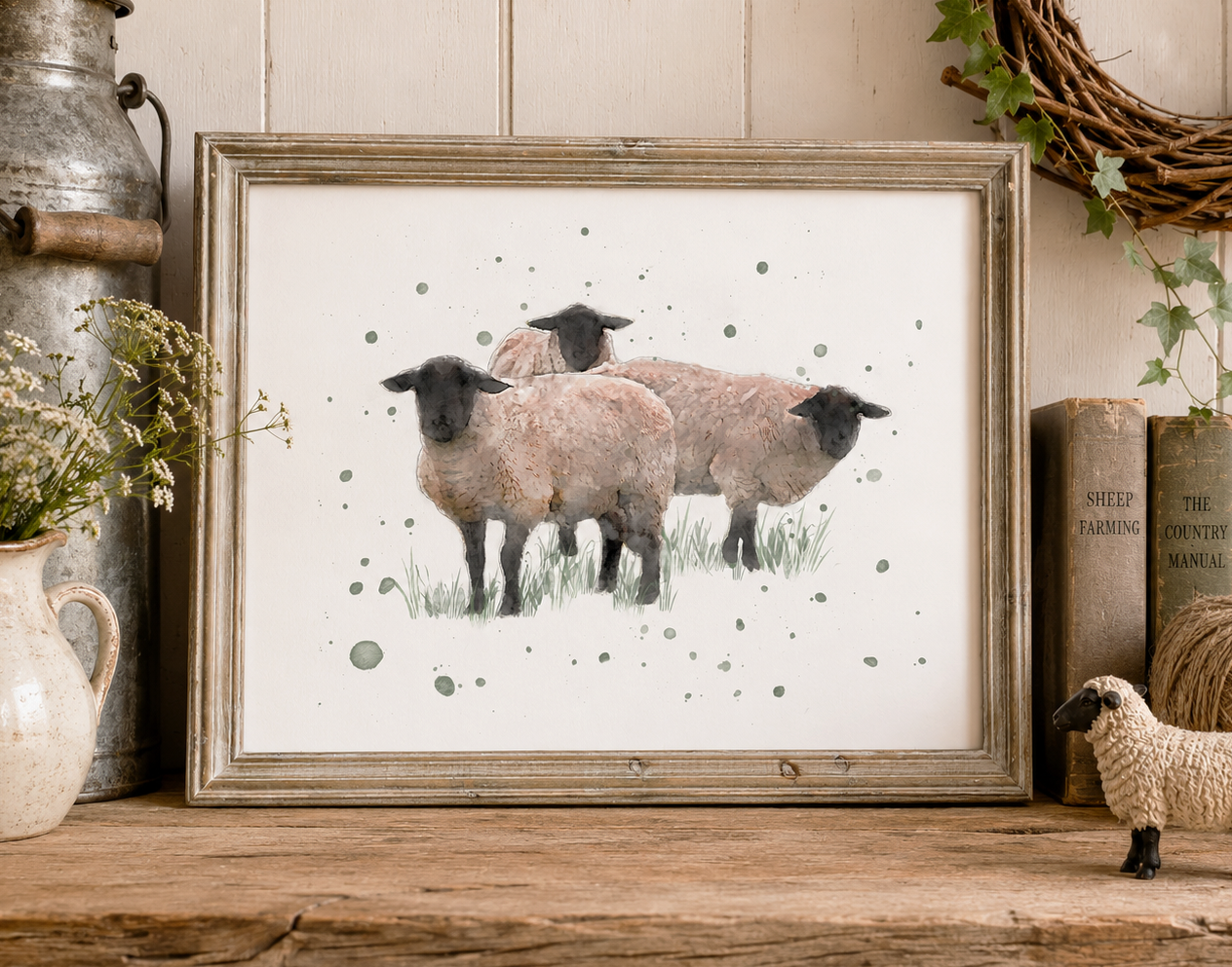 ''Team Meeting'' - Watercolour Suffolk Sheep Print