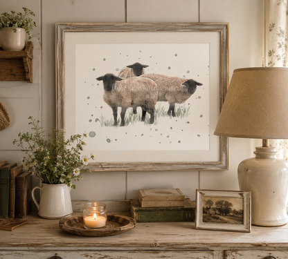 ''Team Meeting'' - Watercolour Suffolk Sheep Print