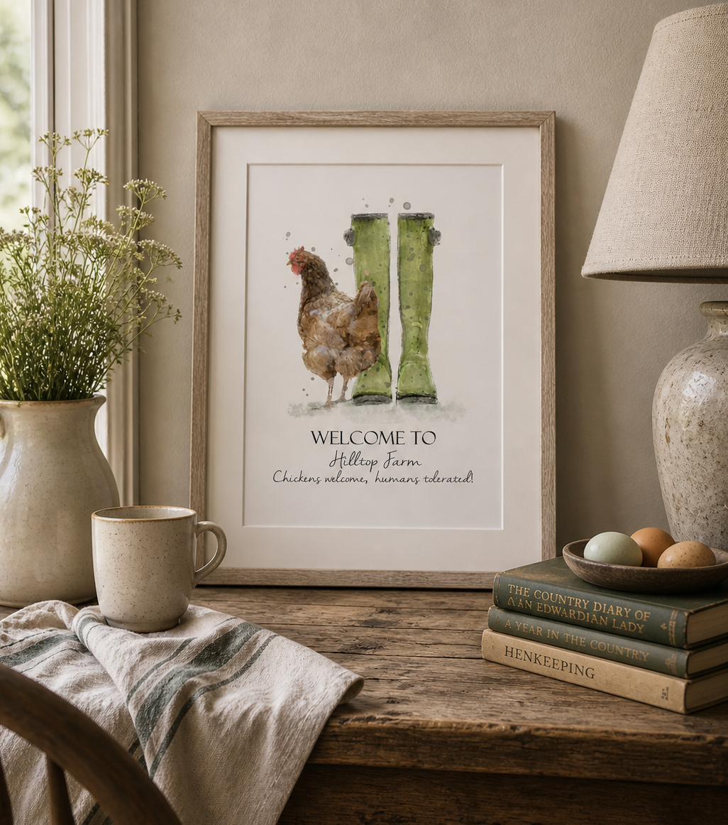 Personalised Welly Boot & Chicken Print - Florence & Lavender