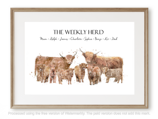 Personalised Highland Cow Family Print - Florence & Lavender