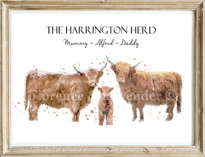 Personalised Highland Cow Family Print - Florence & Lavender