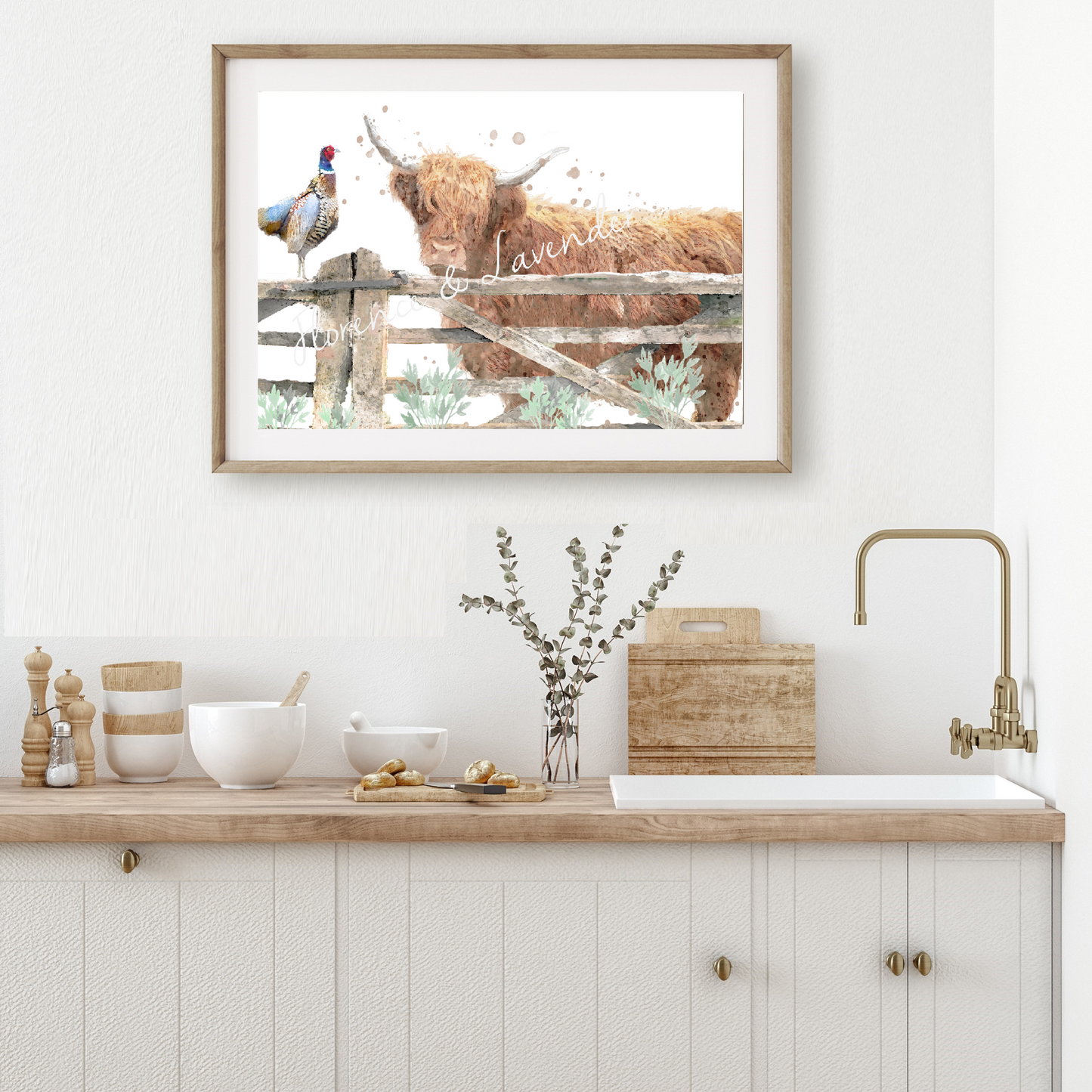 Highland Cow & Pheasant Print - Florence & Lavender