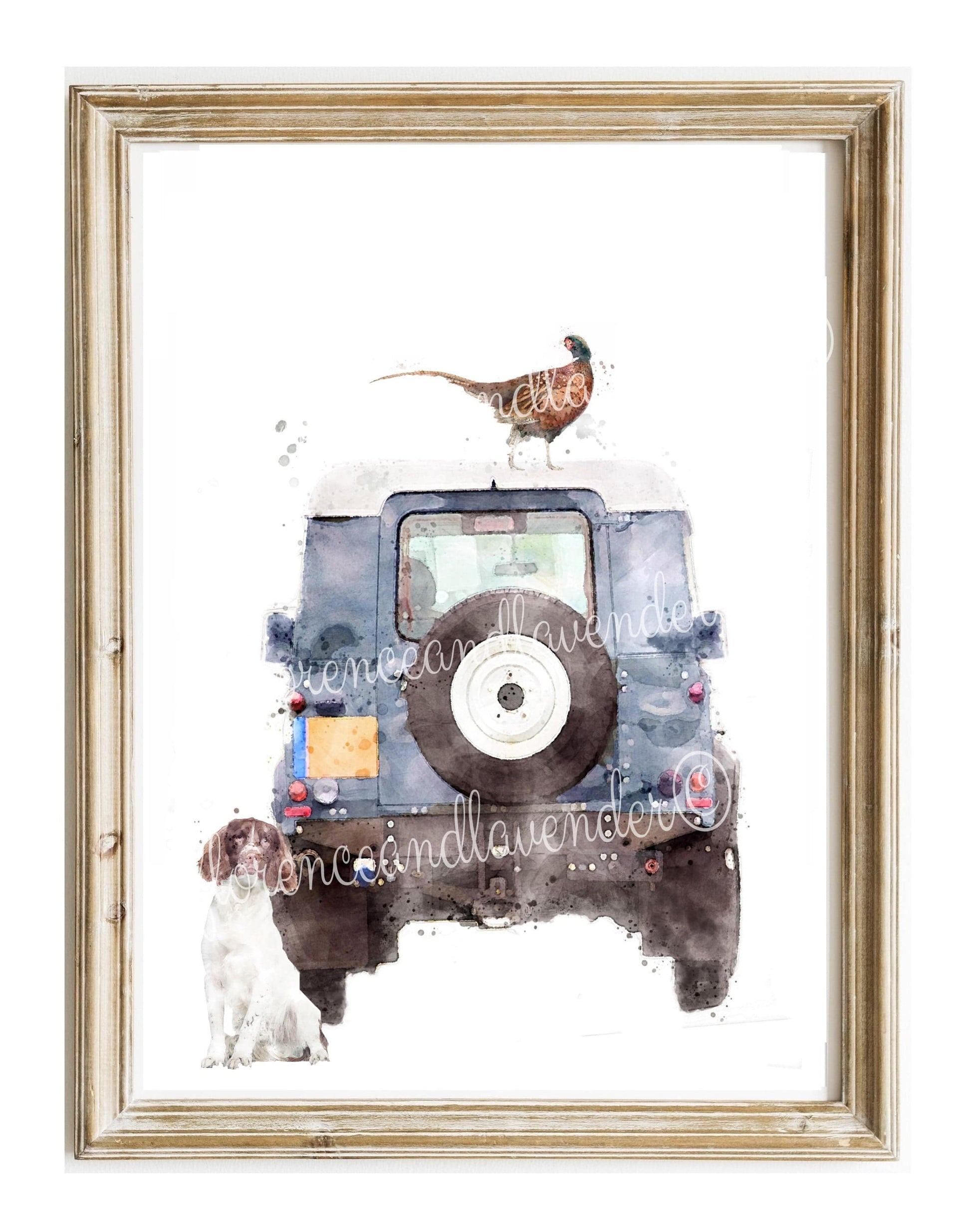 ''Hide & Seek'' - Defender & Spaniel print - Florence & Lavender