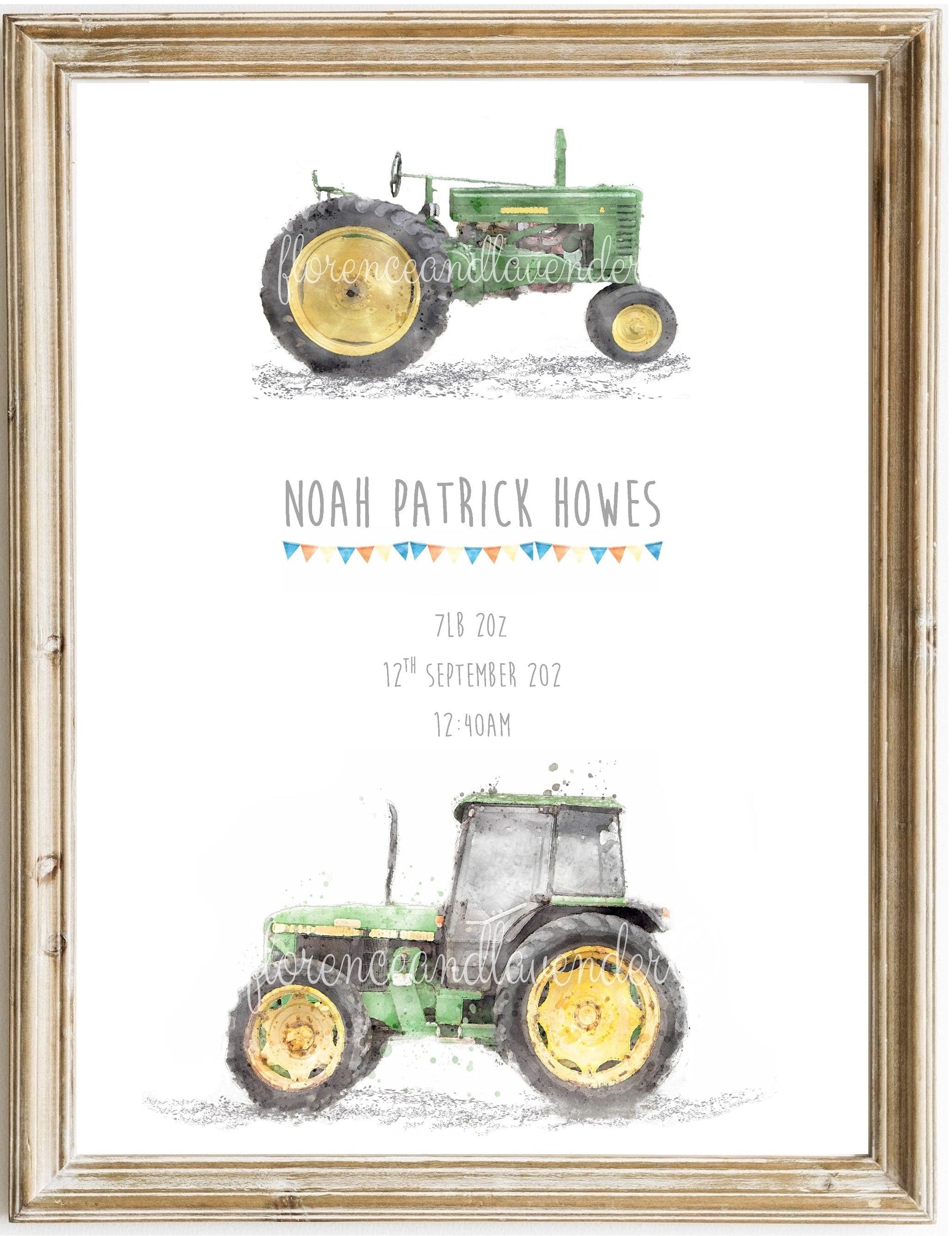 Personalised New Baby Announcement - John Deere - Florence & Lavender