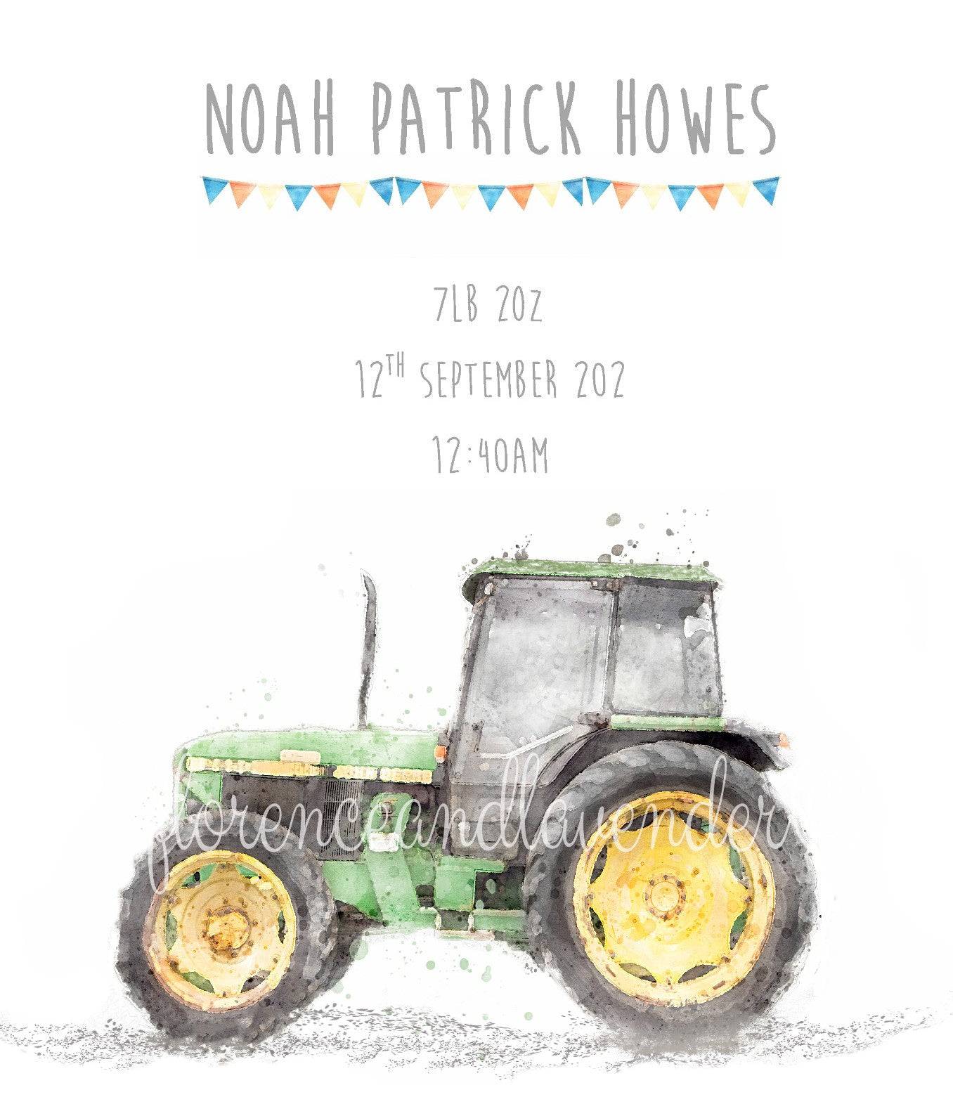 Personalised New Baby Announcement - John Deere - Florence & Lavender